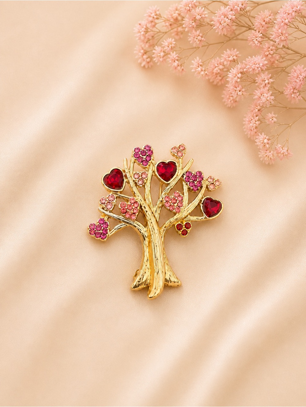 Gold Tree Brooch with Red & Pink Crystal Hearts